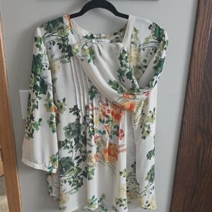 Rose & Olive Ivory Floral Scarf-Neck Blouse with Green and Orange Print